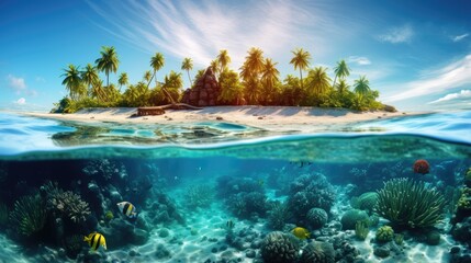 Fototapeta na wymiar Tropical island in ocean with coral reefs and fish. Palm trees beach vacation