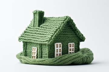 Little green crochet house on white background. Heating in winter, thermal insulation of building or dwelling