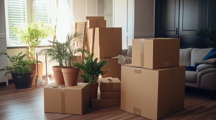 Cardboard boxes with things are stacked. The concept of moving to a new home.