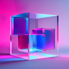 3d render, abstract geometric background, translucent glass with violet pink blue gradient, simple square shapes cube visual illusion picture art design Generative AI 