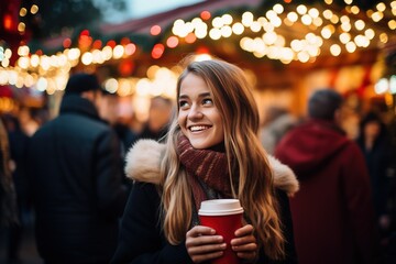 Portrait of a happy young girl drinking a hot drink at the Christmas market