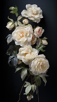 A delicate bouquet of white roses on a deep grey background. Condolences, funeral announcement, farewell. Vertical. 