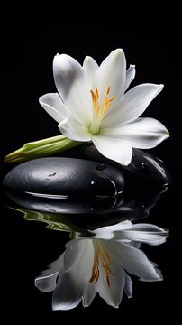 A Serene Composition Where A Single White Lily Rests On A Polished Obsidian Surface. Condolences, Funeral Announcement, Farewell. Vertical Orientation. 