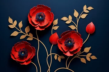 Sierkussen Red poppies on blue background. Remembrance Day, Armistice Day, Anzac day symbol. Paper cut art style © vejaa