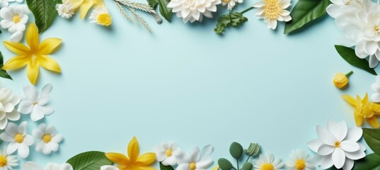 Spring flower pattern frame background. Copy space for text and advert. Generative AI technology.	

