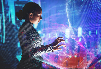 Woman, metaverse and global network with hologram, futuristic and security with connection, digital...