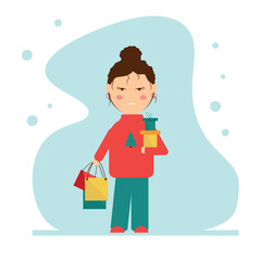 Flat character. girl in a red sweater with shopping and gifts in her hands
