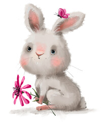 Cute watercolor rabbit hare bunny  animal hand drawn with pink flower bouquet for easter. Mother's Day, women's day isolated on white background.