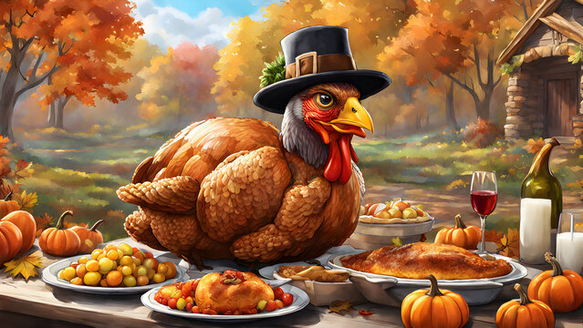 A endearing Thanksgiving tableau featuring an adorable cartoon turkey donning a charming pilgrim hat. The turkey's beaming smile and friendly wave draw the viewer