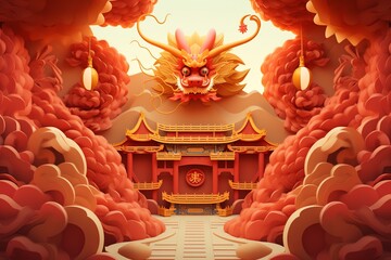 Chinese new year background with temple and lantern - obrazy, fototapety, plakaty