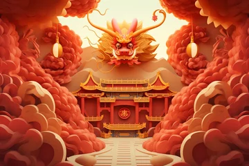 Fotobehang Chinese new year background with temple and lantern © fledermausstudio