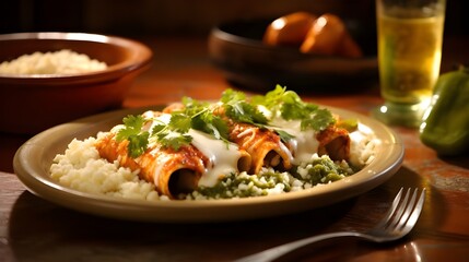 A plate featuring chicken enchiladas smothered in green salsa, garnished with crumbled queso fresco and chopped cilantro, accompanied by a side of refried beans and Mexican rice