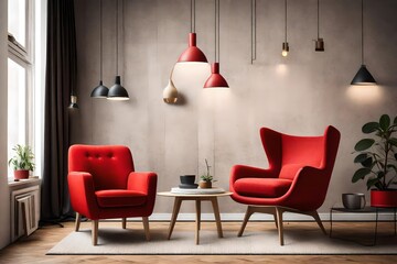 Modern living room with red armchair and lamp. scandinavian interior design furniture