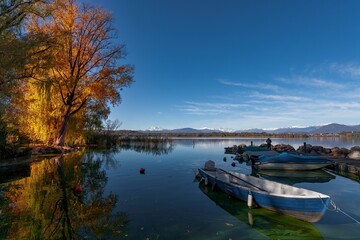 Autumn view of Varese lake in the pre-Alpine region in Lombardy, Italy