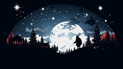 Fototapeta na wymiar Santa Claus flying across the moon on Christmas eve - vector illustration