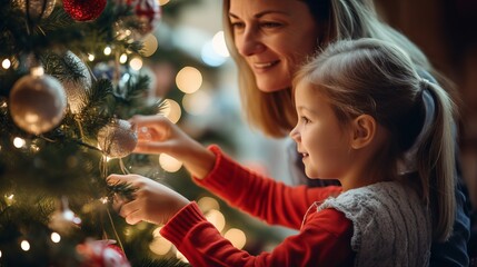 Mother and daughter enjoying quality time together while decorating a Christmas tree
