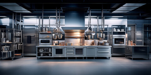 Stainless steel appliances and tools in a modern industrial kitchen - Powered by Adobe