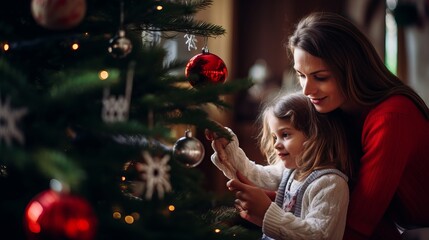 Mother and daughter enjoying quality time together while decorating a festive Christmas tree