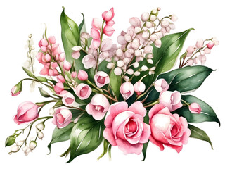 Bouquet of Lily of the Valley with pink roses for decoration. 