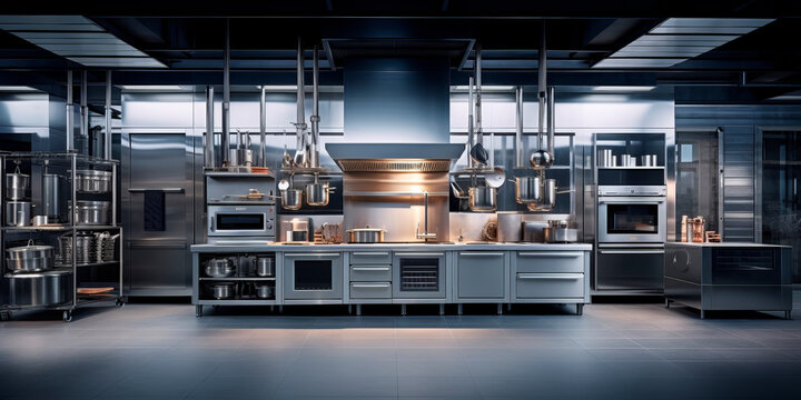 Stainless steel appliances and tools in a modern industrial kitchen