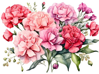 Watercolor of carnation and sweet peas flowers arrangement in bouquet. Flower element for decoration.
