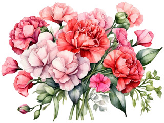 Watercolor of carnation and sweet peas flowers arrangement in bouquet. Flower element for decoration.