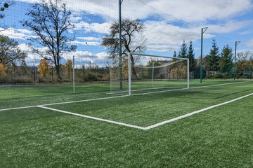 Goalkeeper's penalty area and goal on the football field. - obrazy, fototapety, plakaty