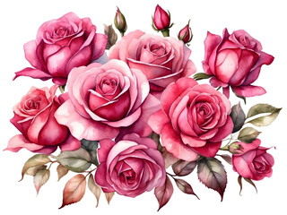 Watercolor Fuchsia color roses flowers arrangment in bouquet.Roses flower element for decoration. 