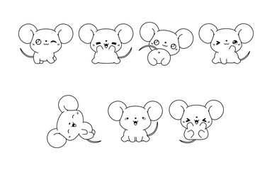 Collection of Vector Cartoon Baby Mouse Coloring Page. Set of Kawaii Isolated Rat Outline for Stickers, Baby Shower, Coloring Book, Prints for Clothes
