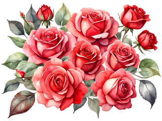 Watercolor roses red candy color arrangment in bouquet. Valentine's flower for decoration.