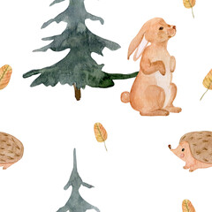 Watercolor seamless pattern of hare, hedgehog, spruce and autumn leaves. Hand drawn forest animals, forest flora and fauna. Forest print with forest