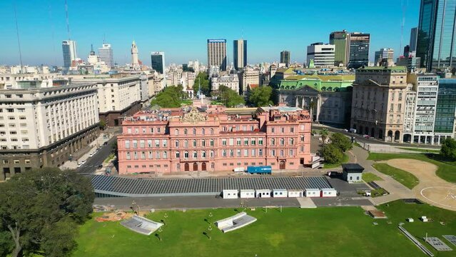 Casa Rosada government office at Plaza Mayo Buenos Aires, Argentina. Aerial landscape of tourism landmark downtown city. Tourism landmark. Outdoor downtown city of Buenos Aires. Travel destination
