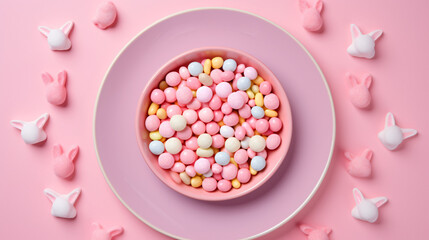 Fototapeta na wymiar Easter candies on a pink plates