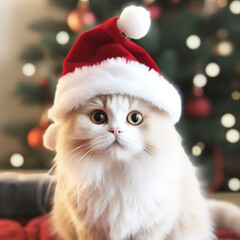 christmas cat in santa claus hat