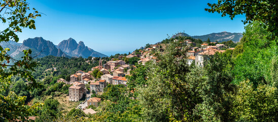 Landscape with Evisa, mountain village in the Corse-du-Sud department of Corsica island, France - 672185688