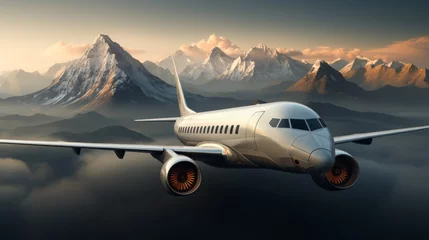 Foto op Plexiglas Concept of fast travel, holidays and business. Passengers commercial airplane flying above clouds and mountains. © NorLife