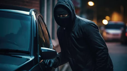 Deurstickers Burglar in a black mask tries to open a car in a parking lot at night. Car thief © brillianata
