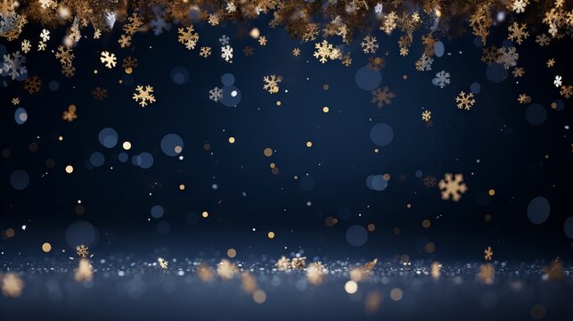 Navy blue and gold Christmas background with snowflakes and sequins