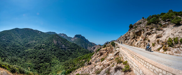 Landscape with Evisa, mountain village in the Corse-du-Sud department of Corsica island, France