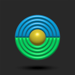 Abstract sun, sky and green grass eco farm 3d logo of round shape, convex shape made of latex material.