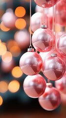 A zoomed-in view of rosy-hued baubles adorning a Christmas tree, with blurred garland lights behind.