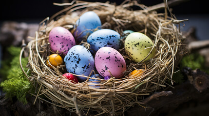 Easter eggs coloured with organic dyes in a nest