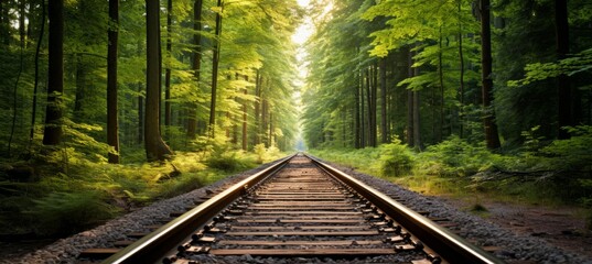 Railway at forest woods. Generative AI technology.