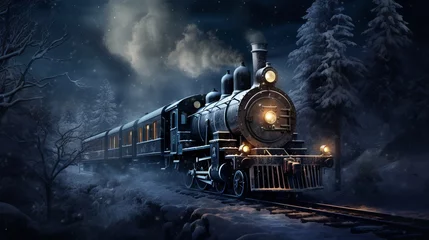Fototapete Old steam locomotive driving through a snowy forest at night: a magical Christmas scene © Ameer