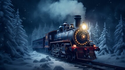 Old steam locomotive driving through a snowy forest at night: a magical Christmas scene - obrazy, fototapety, plakaty