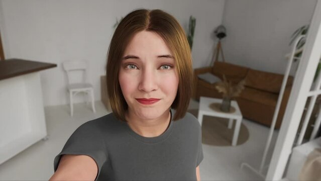 Virtual AI influencer blogger posing on camera. Metaverse female avatar in virtual chat world for virtual chat. Artificial human character talking. Beautiful 3d model human scan animated.	
