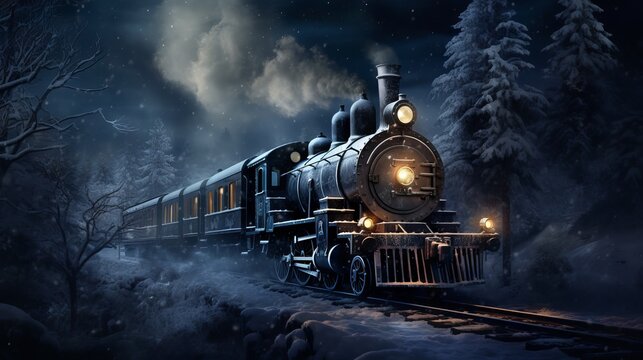 Old steam locomotive driving through a snowy forest at night: a magical Christmas scene