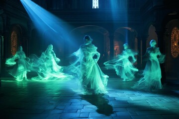 AI generated illustration of ghosts dancing in a circle in a dark hall - obrazy, fototapety, plakaty