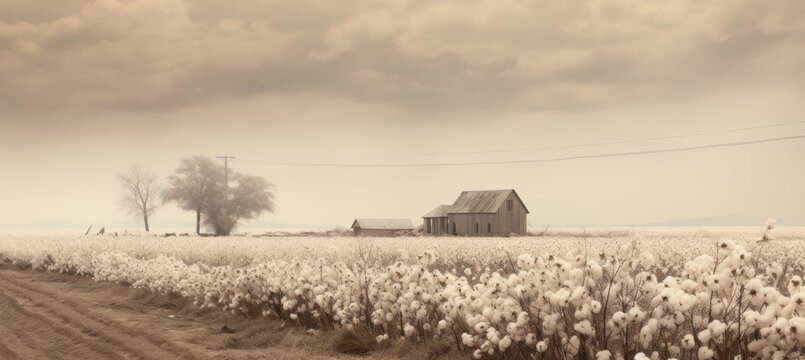 Cotton field landscape background. Generative AI technology.	