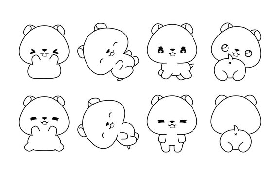 Set of Kawaii Isolated Hamster Coloring Page. Collection of Cute Vector Cartoon Animal Outline for Stickers, Baby Shower, Coloring Book, Prints for Clothes